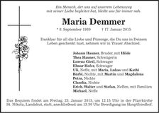 Traueranzeige Maria Demmer
