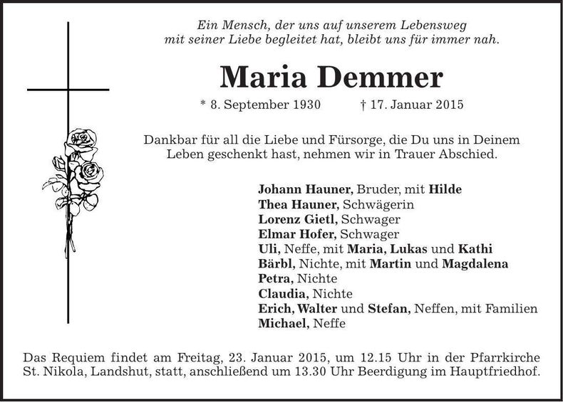 Traueranzeige Maria Demmer