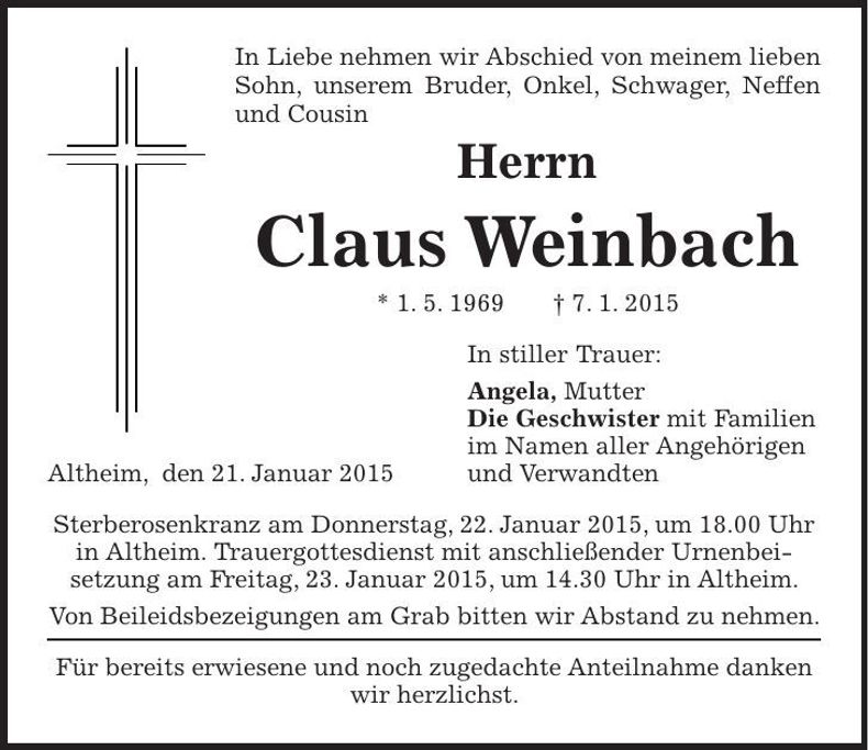 Traueranzeige Claus Weinbach