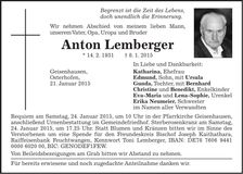 Traueranzeige Anton Lemberger
