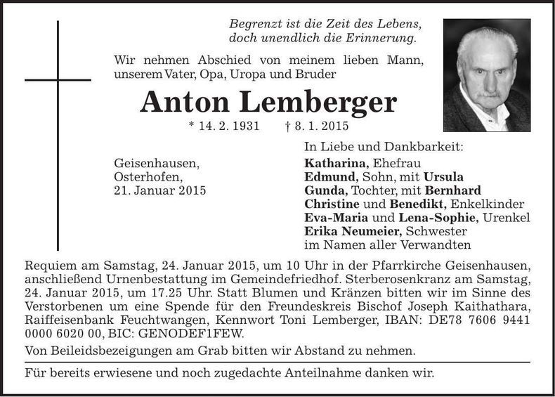 Traueranzeige Anton Lemberger