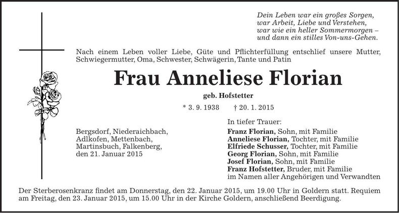 Traueranzeige Anneliese Florian