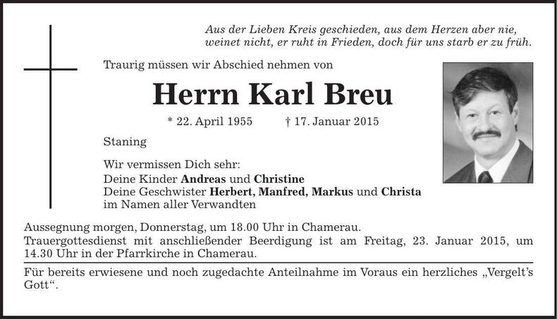 Traueranzeige Karl Breu