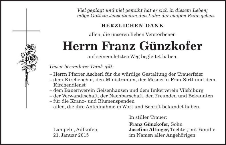 Traueranzeige Franz Günzkofer