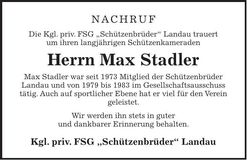 Traueranzeige Max Stadler