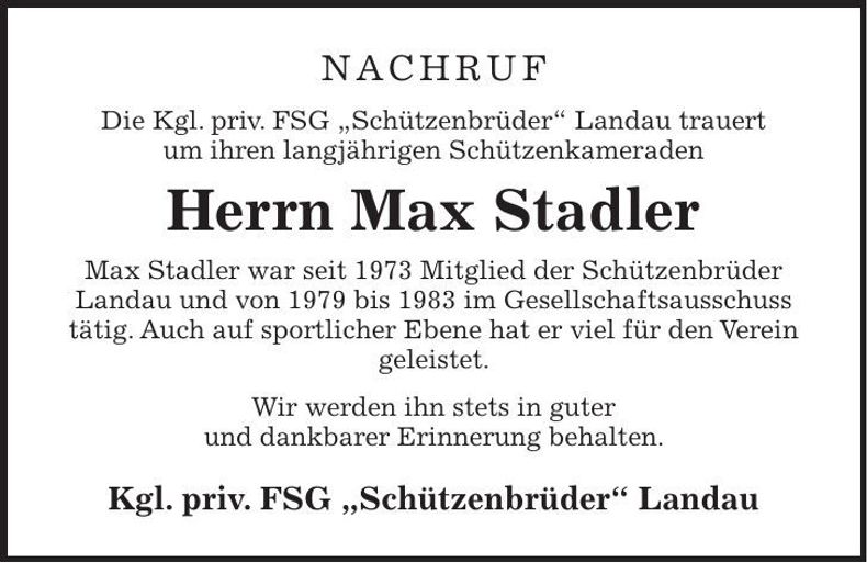 Traueranzeige Max Stadler