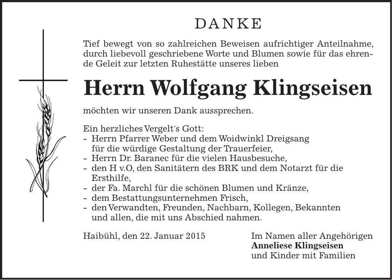 Traueranzeige Wolfgang Klingseisen