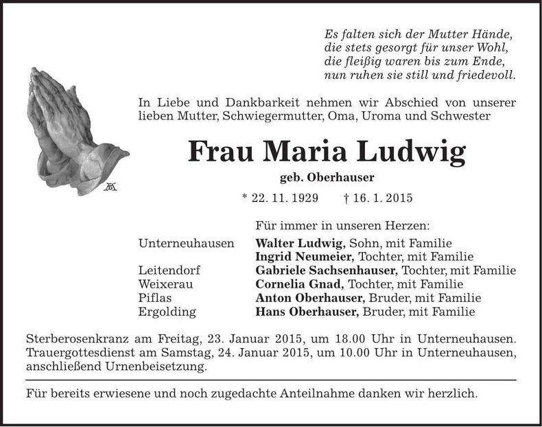 Traueranzeige Maria Ludwig