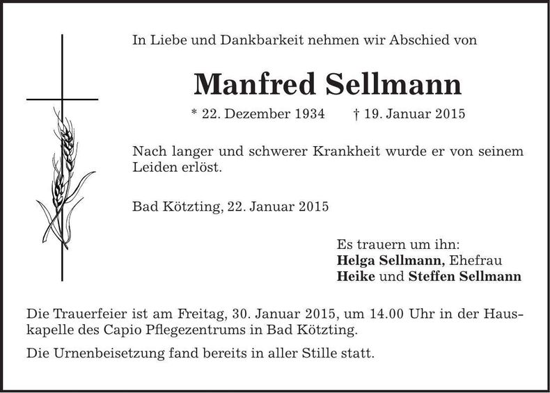 Traueranzeige Manfred Sellmann