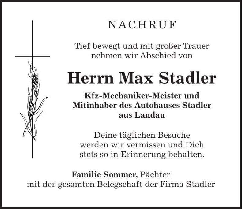 Traueranzeige Max Stadler
