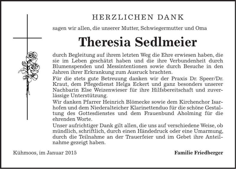 Traueranzeige Theresia Sedlmeier