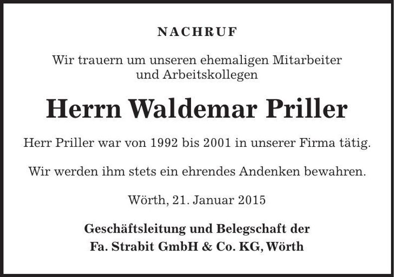 Traueranzeige Waldemar Priller
