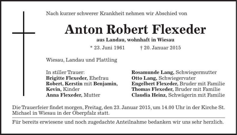 Traueranzeige Anton Robert Flexeder