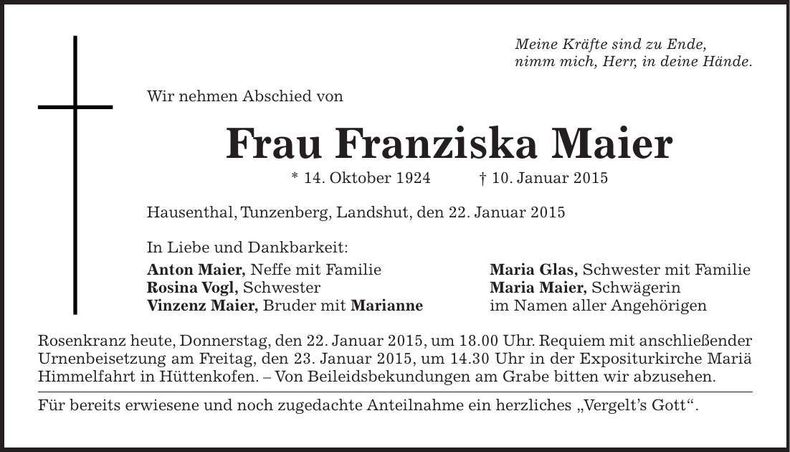 Traueranzeige Franziska Maier