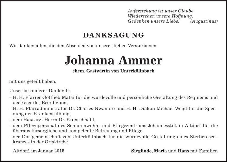 Traueranzeige Johanna Ammer