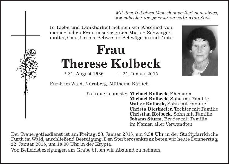 Traueranzeige Therese Kolbeck