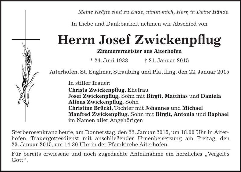 Traueranzeige Josef Zwickenpflug