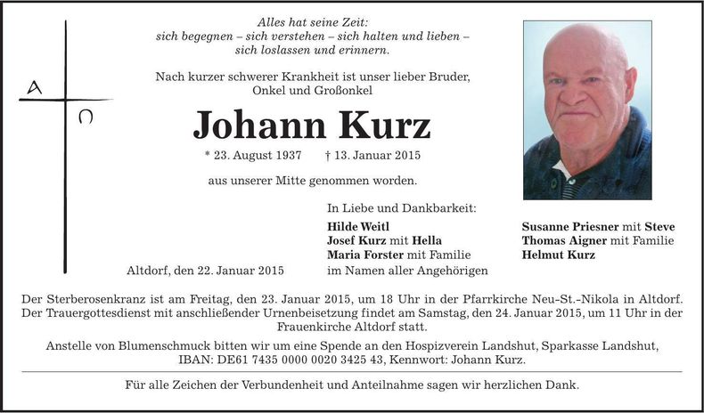 Traueranzeige Johann Kurz