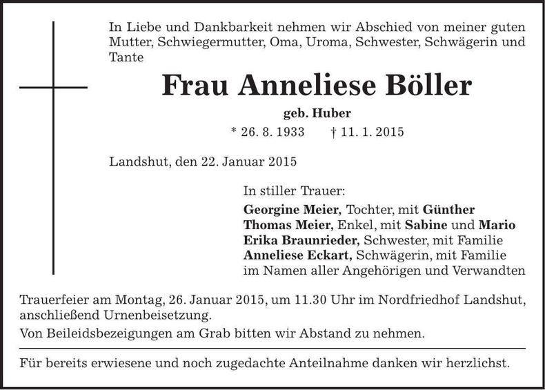 Traueranzeige Anneliese Böller