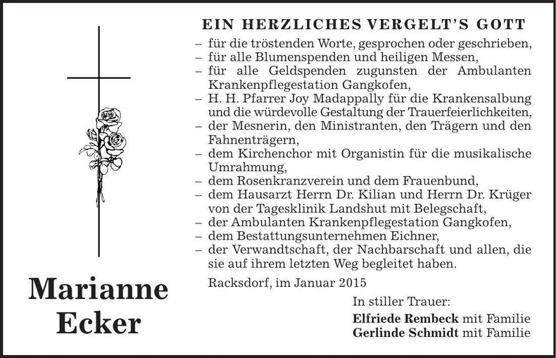 Traueranzeige Marianne Ecker