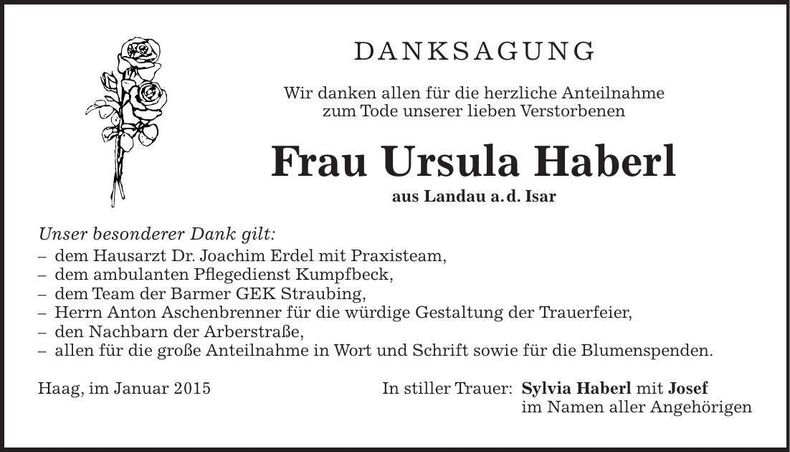 Traueranzeige Ursula Haberl