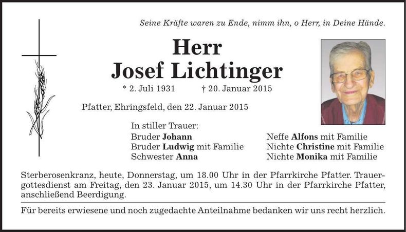 Traueranzeige Josef Lichtinger