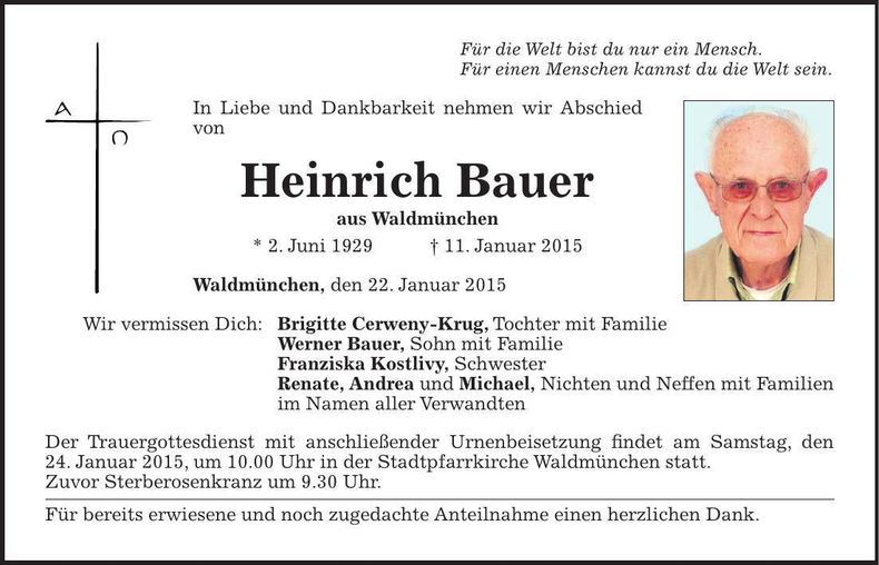 Traueranzeige Heinrich Bauer