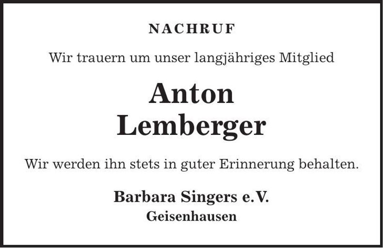 Traueranzeige Anton Lemberger