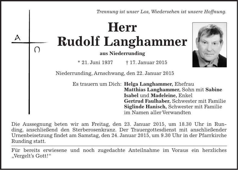 Traueranzeige Rudolf Langhammer