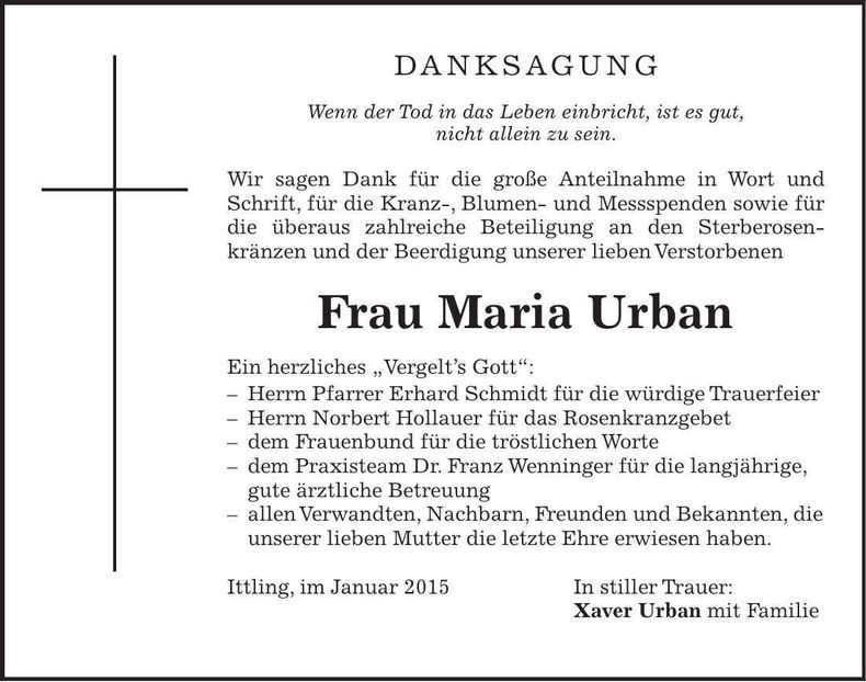 Traueranzeige Maria Urban