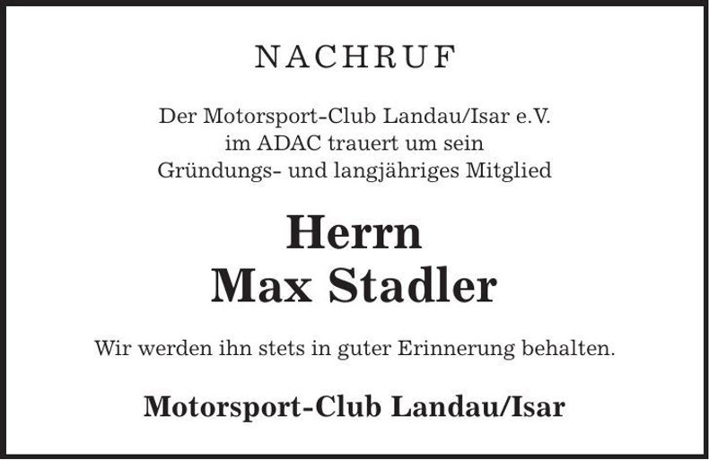 Traueranzeige Max Stadler