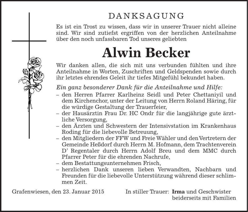 Traueranzeige Alwin Becker
