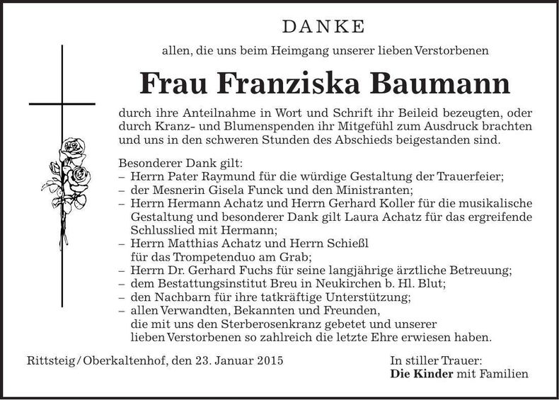 Traueranzeige Franziska Baumann