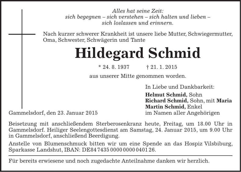 Traueranzeige Hildegard Schmid