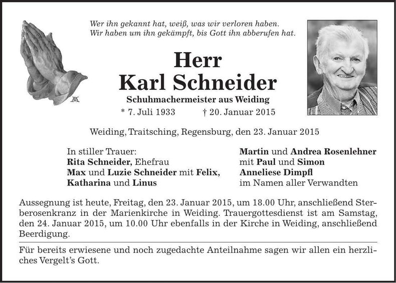 Traueranzeige Karl Schneider