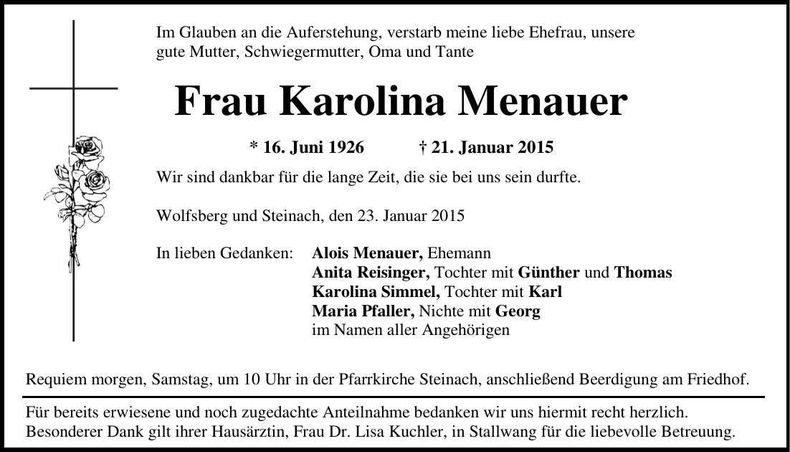Traueranzeige Karolina Menauer