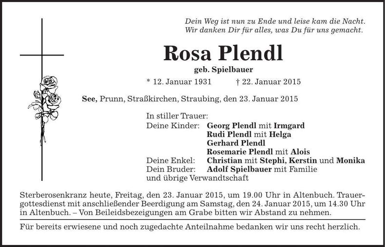 Traueranzeige Rosa Plendl