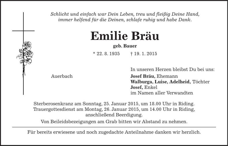 Traueranzeige Emilie Bräu