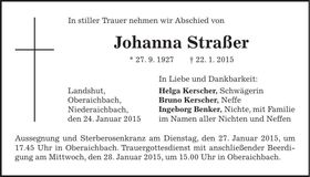 Traueranzeige Johanna Straßer