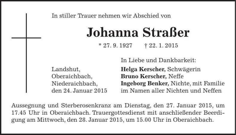 Traueranzeige Johanna Straßer