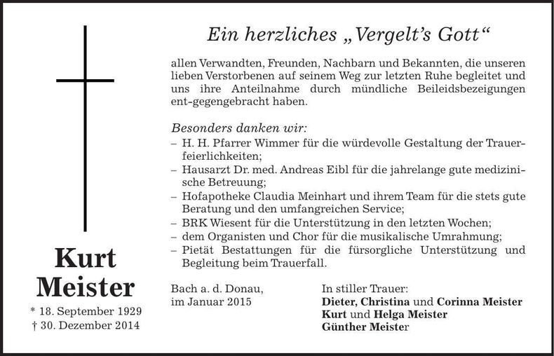 Traueranzeige Kurt Meister