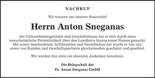 Traueranzeige Anton Sneganas