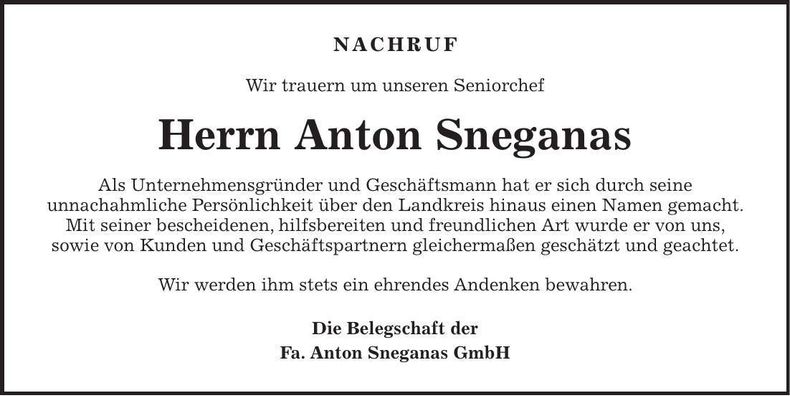 Traueranzeige Anton Sneganas