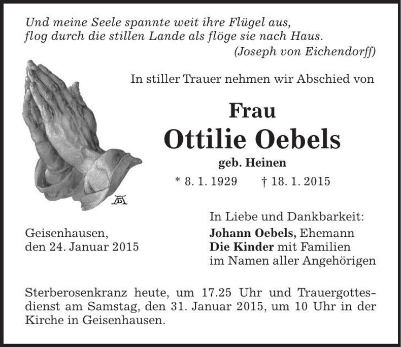 Traueranzeige Ottilie Oebels