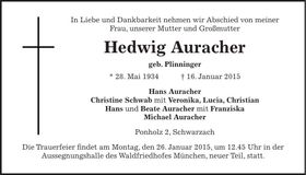 Traueranzeige Hedwig Auracher