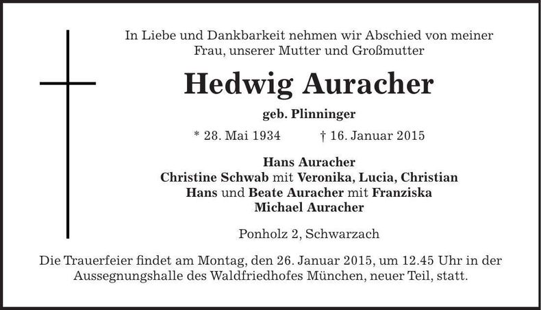 Traueranzeige Hedwig Auracher
