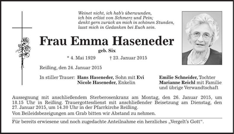 Traueranzeige Emma Haseneder