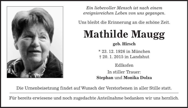Traueranzeige Mathilde Maugg