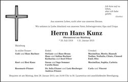 Traueranzeige Hans Kunz