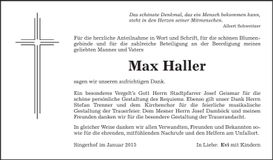 Traueranzeige Max Haller